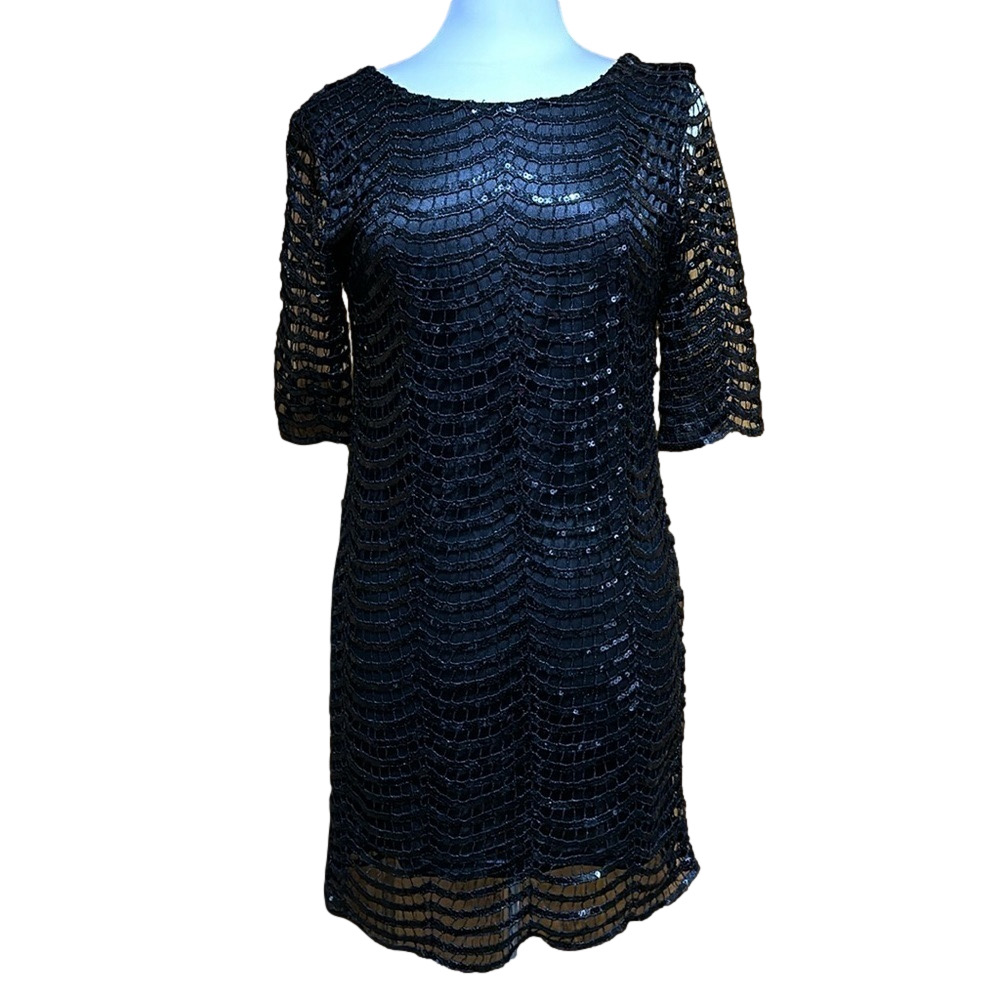 Dear’gles Black Scalloped Crochet Sequin Cocktail Dress Size Medium - NWT
